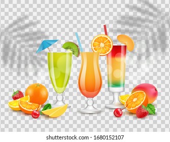 Sweet juices. Summer cocktails, fruits and berries. Isolated realistic drinks vector illustration