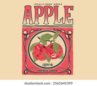 Sweet and juicy apple fruit artwork. Fresh apple fruit print. Organic food artwork for for t-shirt. Fruit vintage t-shirt design. Nature fruit print design.