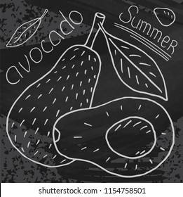 Sweet juicy avocado. Summer exotic food. Beautiful hand drawn illustration of fruits on chalkboard background