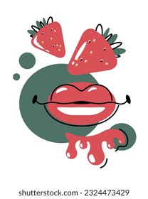 Sweet, juicy berry for cooking. Women's lips smile. Air kiss. Strawberries in flat outline style. Strawberry jam. Design element for labels, stickers. Print for clothes. Seasonal summer berry.