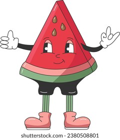 Sweet Juicy Fresh Fruit. 90s Fruit Funny Retro Groovy Cartoon Hippie Character. Comic Character of Watermelon on transparent background. Groovy Summer Vector Illustration.