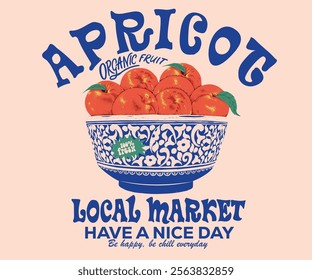 Sweet and juicy organic fruit artwork for for t-shirt. Fruit vintage t-shirt design. Apricot poster design. Apricot fruit artwork. Fresh Apricot fruit print design. Organic farm. Local market print.