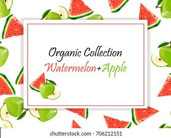 Sweet juicy slice of watermelon fruit and apple symbol for jam and juice product label or grocery store, shop and farm market design. Vector square label, watermelon and apple jam,sauce or juice label