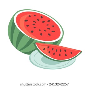 Sweet juicy watermelon and cut piece of fruit with seeds on plate. Summer fresh delicious berry. Tasty food and snacks during summertime. Eco ingredient for healthy lifestyle. Vector in flat style