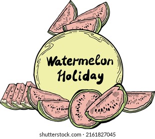 Sweet juicy watermelon fruit for summer time template, label, logo, decorative element with lettering. Natural healthy organic food. Hand drawn retro vintage vector illustration. Cartoon style drawing
