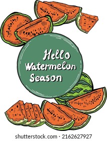 Sweet juicy watermelon fruit for summer time template, label, logo, decorative element with lettering. Natural healthy organic food. Hand drawn retro vintage vector illustration. Cartoon style drawing