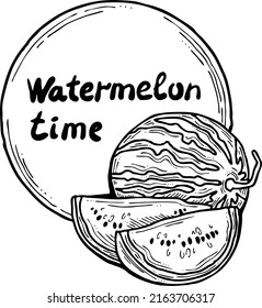 Sweet juicy watermelon fruit for summer time template, label, logo, decorative element with lettering. Natural healthy organic food. Hand drawn retro vintage vector illustration. Cartoon style drawing