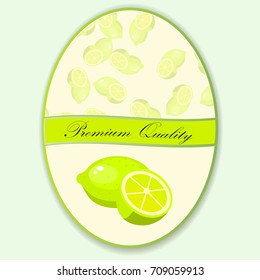 Sweet juicy whole and slice lemon or lime fruit symbol for jam and juice product label or grocery store, shop and farm market design. lime jam, sauce or juice label on a seamless pattern background