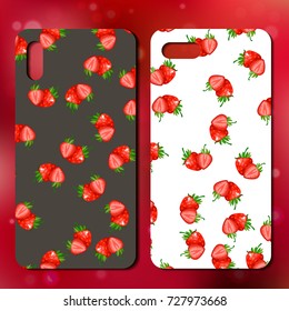 Sweet juicy whole and slice strawberry on back side of smart phone. telephone cover design. Best choice for smartphone case or cover design