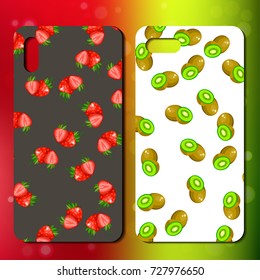 Sweet juicy whole and slice strawberry and kiwi on back side of smart phone. telephone cover design. Best choice for smart phone case or cover design