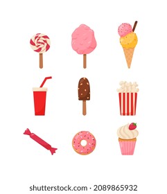 Sweet junk food with candy, ice cream, donut and popcorn - flat vector illustration isolated on white background. Set of cartoon desserts for party, cinema or summer fair design.