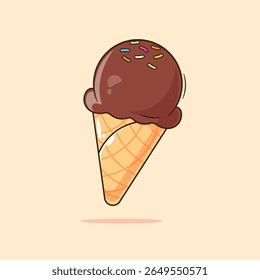 Sweet kawaii chocolate ice cream with tasty cones illustration cartoon vector icon, mascot or symbol. Tasty chocolate sundae. Gelato