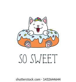 So sweet! Kawaii illustration of a cute cat donut. Vector 8 EPS.