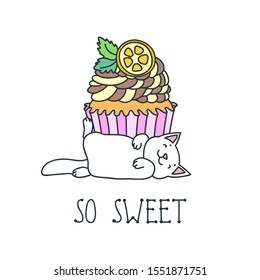 So sweet Kawaii illustration of a sleeping white kitten with a cupcake. Vector 8 EPS.