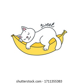 Sweet. Kawaii illustration of a white cat sleeping on a banana. Vector 8 EPS.