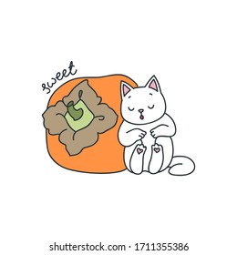 Sweet. Kawaii illustration of a white cat sleeping near a big persimmon. Vector 8 EPS.