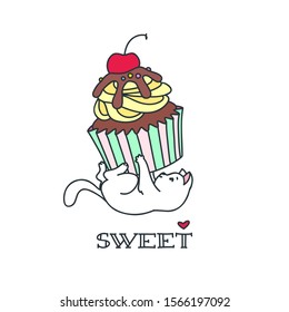 Sweet. Kawaii illustration of a white kitten playing with a cherry decorated cupcake. Vector 8 EPS.