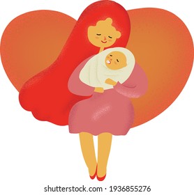 Sweet and kind mother cuddling baby with orange-red heart. The concept of Mother's Day, feeling the heart and warmth, the relationship between mother and son or daughter, holding the baby, taking care