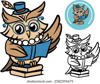 A sweet kind smart cartoon owl in a hat and beads sits on books blank logo without background is colored and monochrome