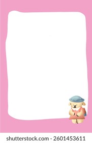 Sweet kindergarten-themed stationery frame with a cute little bear character, pink pastel-colored border, suitable for letters, invitations, or children's notes.