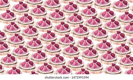 Sweet kingdom. Light and airy dessert. Print for designer paper, business cards, cards, packaging, banner. Cupcake, strawberries, raspberries, cream