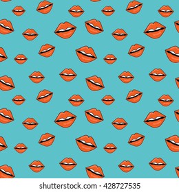 Sweet kiss seamless pattern. Lips of woman with red lipstick. Lip make-up. Open mouth. Cosmetics and makeup, vector Illustration