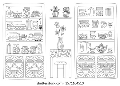 sweet kitchen with cupboards and table. outline drawing for your coloring page 