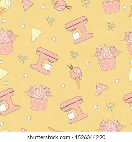 sweet kitchen element for bakery lover on yellow pastel paper cut.stand mixer ice cream and cute cup cakes.decoration with little cat.seamless pattern pink on fabric wallpaper.kawaii cartoon vector