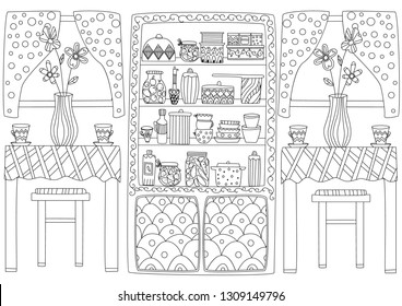 sweet kitchen interior with table, cupboard of tableware and windows for your coloring page