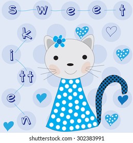 sweet kitten with hearts and dots vector illustration