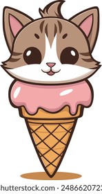 Sweet Kitten in Ice Cream Cone Cartoon Vector Icon Illustration Animal Food Icon Isolated Flat Vector