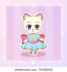 Sweet Kitty Little cat cute kawaii anime cartoon kitten girl in dress with pink ribbon eps10