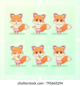 Sweet Kitty Little Cute Kawaii Anime Cartoon Fox Girl In Dress Different Emotions Mascot Sticker Happy, Sad, Angry, Smile, Kiss, Love Children Character Eps10