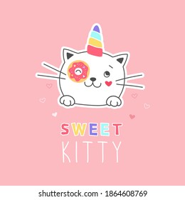 Sweet kitty unicorn with donut, t-shirt print, sticker. Vector illustration on pink background.