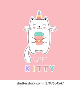 Sweet kitty unicorn, girlish print for t-shirt, sticker. Vector isolated illustration on a pink background.