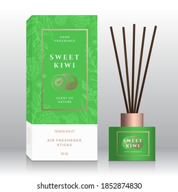 Sweet Kiwi Home Fragrance Sticks Abstract Vector Label Box Template. Hand Drawn Sketch Flowers, Leaves Background. Retro Typography. Room Perfume Packaging Design Layout. Realistic Mockup. Isolated.