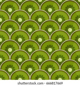 Sweet kiwi slices seamless pattern.  Japanese half-circle style. Healthy diet concept fruit print. Fruity fish scale print. Vector illustration.