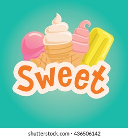Sweet label with ice cream. Vector illustration.