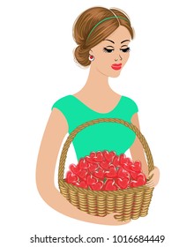 A sweet lady is holding a basket of sweets. Sweet lollipops in the form of heart. A gift for Valentine's Day. The girl is young and beautiful. Vector illustration.