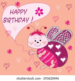 sweet ladybird with flowers and hearts and happy birthday balloon vector illustration