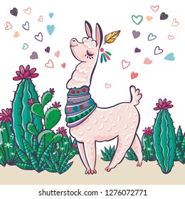 Sweet Lama with cactus and hearts. Trendy textile design for shirts, dresses, bags and rugs