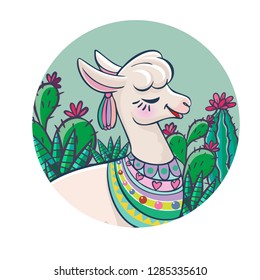Sweet Lama with cactus and hearts. Trendy textile design for shirts, dresses, bags and rugs