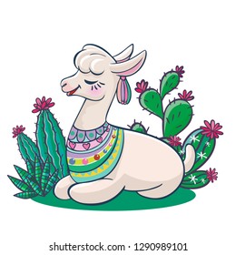 Sweet Lama with cactus and hearts. Trendy textile design for shirts, dresses, bags and rugs