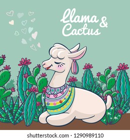 Sweet Lama with cactus and hearts. Trendy textile design for shirts, dresses, bags and rugs