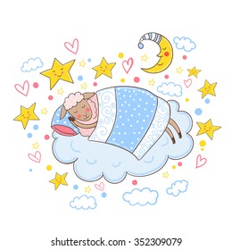 Sweet lamb sleeping on a cloud under a blanket.Vector illustration.