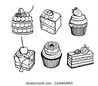 Sweet layered desserts and cakes. Vector set of sweets isolated on white background.