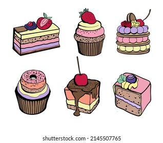 Sweet layered desserts and cakes. Vector set of sweets isolated on white background.