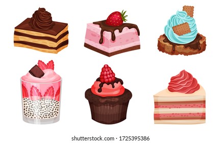 Sweet Layered Desserts and Cakes with Whipped Cream and Chocolate Topping Vector Set