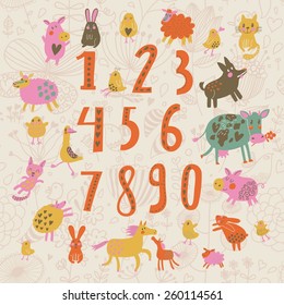 Sweet learn to count concept set in cartoon style. All numbers and funny cartoon animals: cat, dog, cow, horse, rabbit and others in vector