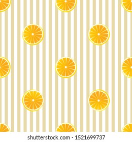 Sweet lemons and oranges seamless textile pattern. Vector yellow exotic citrus with vertical stripes illustration. Juicy fruit fashion clothes print. Food background
